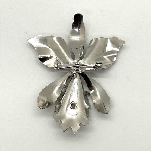 Vintage Silve Tone Brooch & Pendant Orchid With Purple & Clear Rhinestones - Picture 10 of 11